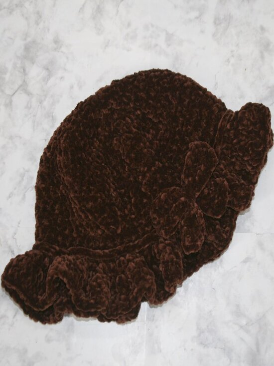 HAND CRAFTED Hat Crochet Bucket Chenille Winter Full Ruffle Brown Wide Brim main image 6